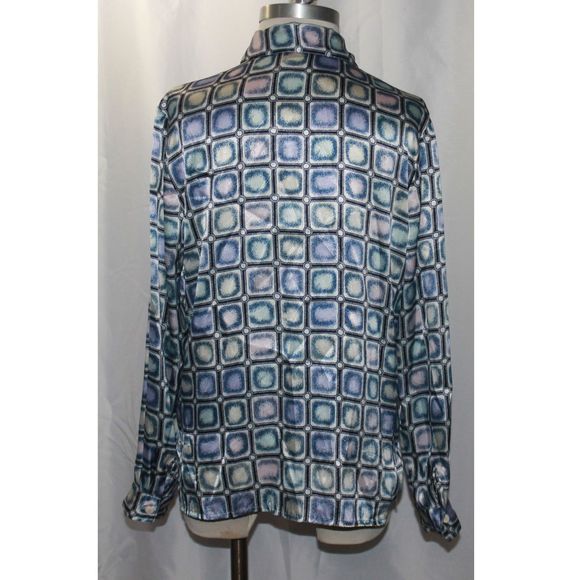 Lee David Collection Blue Satin Geometric Print Button Up Blouse Size S - Picture 4 of 5